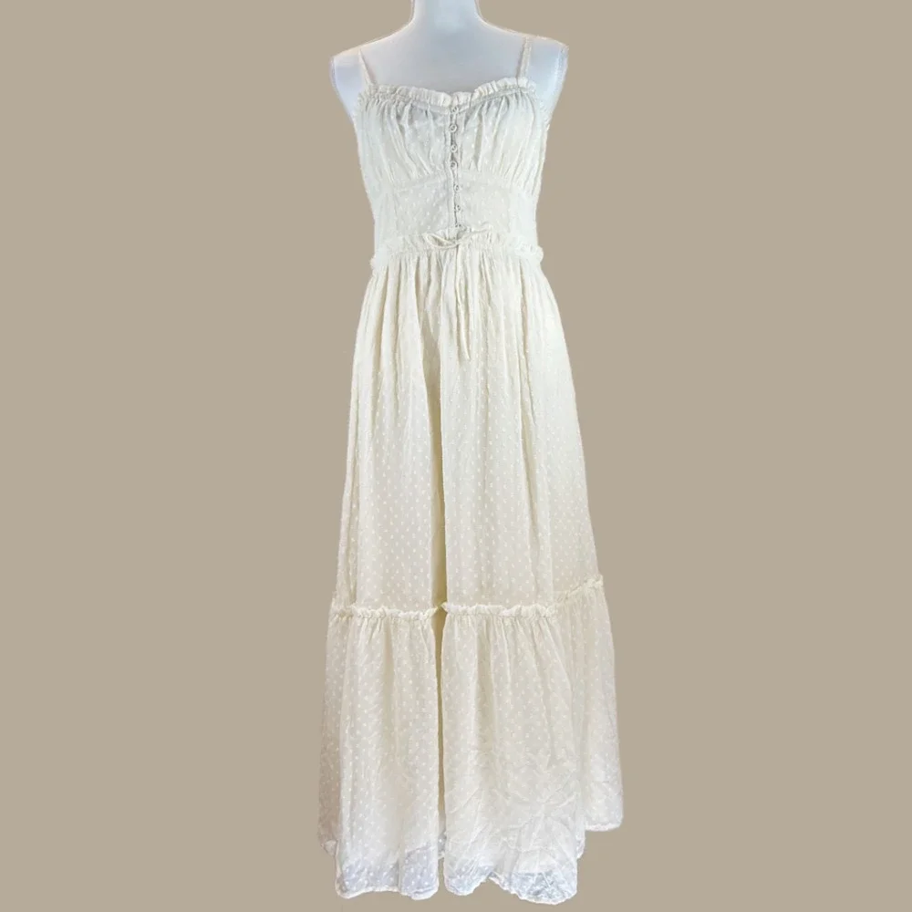 Patrons of Peace Boho Tiered Maxi Dress M Ivory Ruffles Buttons Sheer Prairie - Picture 1 of 10